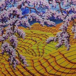 金田樱花舞<br> Cherry Blossom Golden Field<br> 122x122cm(74)<br> Acrylic On Canvas<br> 2016