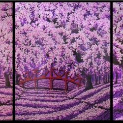 Cherry Blossom with Bridge<br> 450x150 cm (3 panels)<br> Acrylic on Canvas<br> 2014