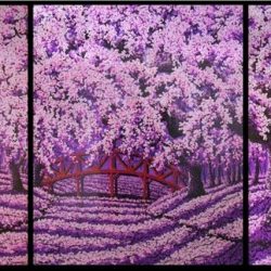 櫻花橋 <br> Cherry Blossom With Bridge Of Love<br> Triptych: 450x150cm (338) <br> Acrylic On Canvas<br> 2014