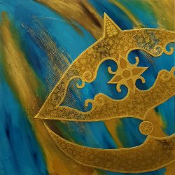 The Golden Wau Bulan 02<br> 100x100cm<br> Acrylic on Canvas<br> 2019