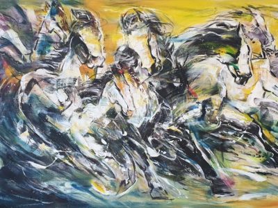 SOLD <br> Challenging Horses 2<br> 91x172cm<br> Mixed Medium on Canvas <br> 2020 <br>