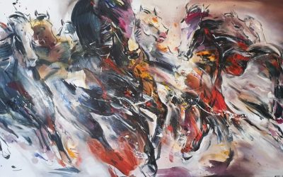 Challenging Horses 3<br> 91x172cm <br> Mixed Medium on Canvas<br> 2020