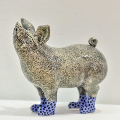 SOLD <br> Pig in boots - Blue Spotty <br> L25xW14xH23cm <br> Ceramic <br>