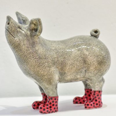 SOLD<br> Pig in boots - Red Spotty <br> L25xW14xH23cm<br> Ceramic <br>