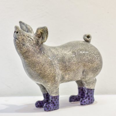 Pig in boots - Purple Spotty <br> L25xW14xH23cm<br> Ceramic <br>