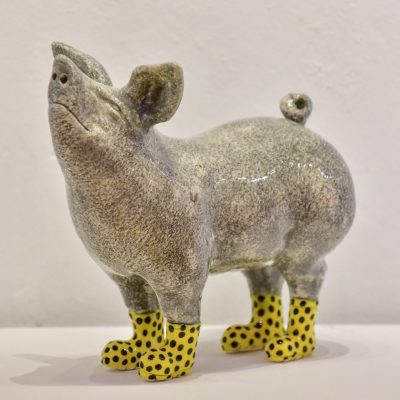 SOLD<br> Pig in boots - Yellow Spotty <br> L25xW14xH23cm<br> Ceramic <br>