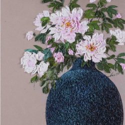 SOLD<br>古瓶新作-牡丹蓝靛瓶<br> Peony<br> 60x103cm<br> Oil on Canvas<br> 2020