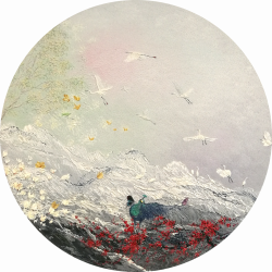 蝶儿鹭儿金丝鸟 <br> Butterfly dancing around the mountain<br> 120x120cm<br> Oil on Canvas<br> 2019