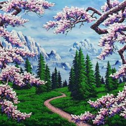 Journey Through The Cherry Blossoms To The Summit <br> 150x100cm <br> Acrylic on Canvas <br> 2022