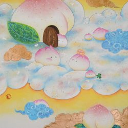 雲上仙境 <br>Momo Paradise<br>53x45.5cm(12)<br>高知麻紙、膠彩、金屬箔 Mixed Media On Paper<br>2025