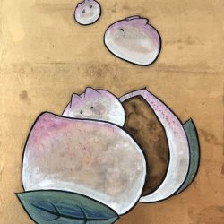 蹦出來 <br> Born From Longevity Peach<br> 45x30cm(7) <br> 紙本設色、金屬箔Colour On Paper & Metallic Foil <br> 2025 蹦出來 <br> Born From Longevity Peach<br> 45x30cm(7) <br> 紙本設色、金屬箔Colour On Paper & Metallic Foil <br> 2025